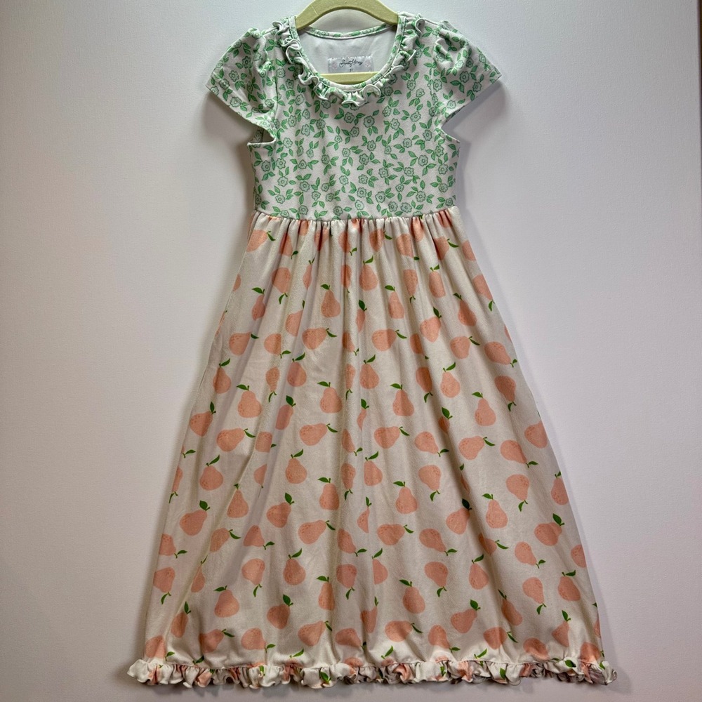 SweetHoney Girls 3T Nightgown Pajama Dress Green Floral Peach Pear Print Ruffle